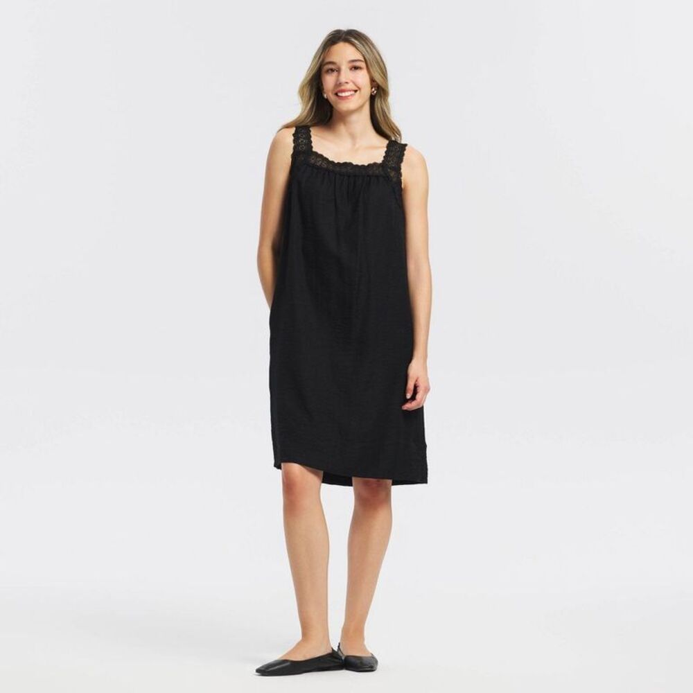Women's Lace Trim Mini Babydoll Dress - A New Day Black XS